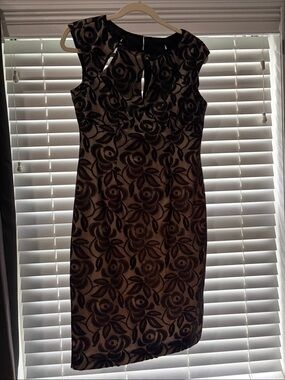Maggy London Black Floral Lace Midi Dress with Nude Underlay